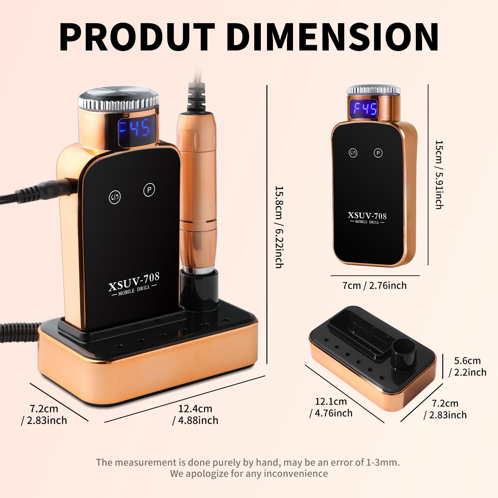 Nail Drill Professional, 45000RPM Electric Nail File for Acrylic & Gel Removal, 2-in-1 Desktop & Portable, LCD Display, Rechargeable, Quiet