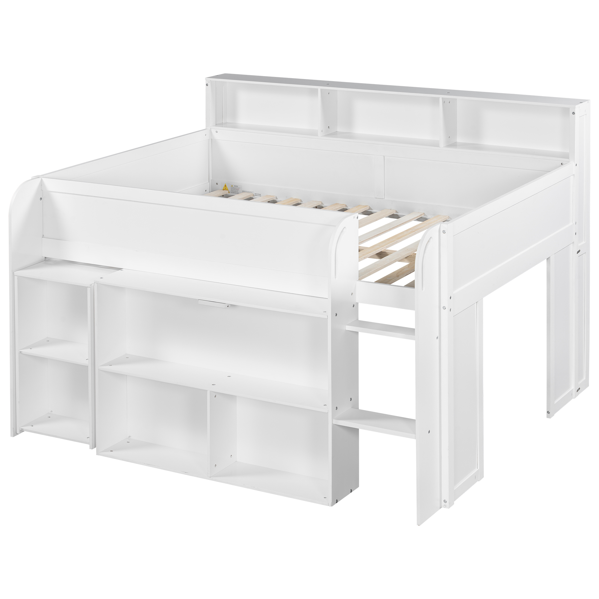 Euroco Wood Full Size Loft Bed with Storage Shelves Desk and LED Light, White