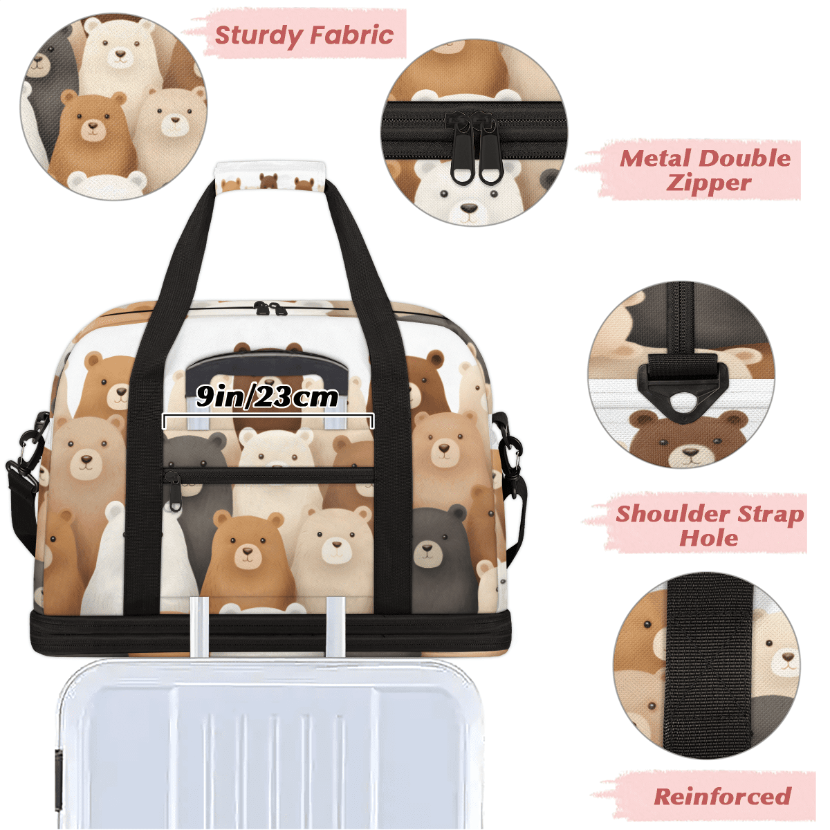 Herdesigns Bear Cute Foldable Travel Duffel Bag with Shoe Compartment, Weekend Overnight Carry On Bags for Men Women, Large Sports Gym Luggage