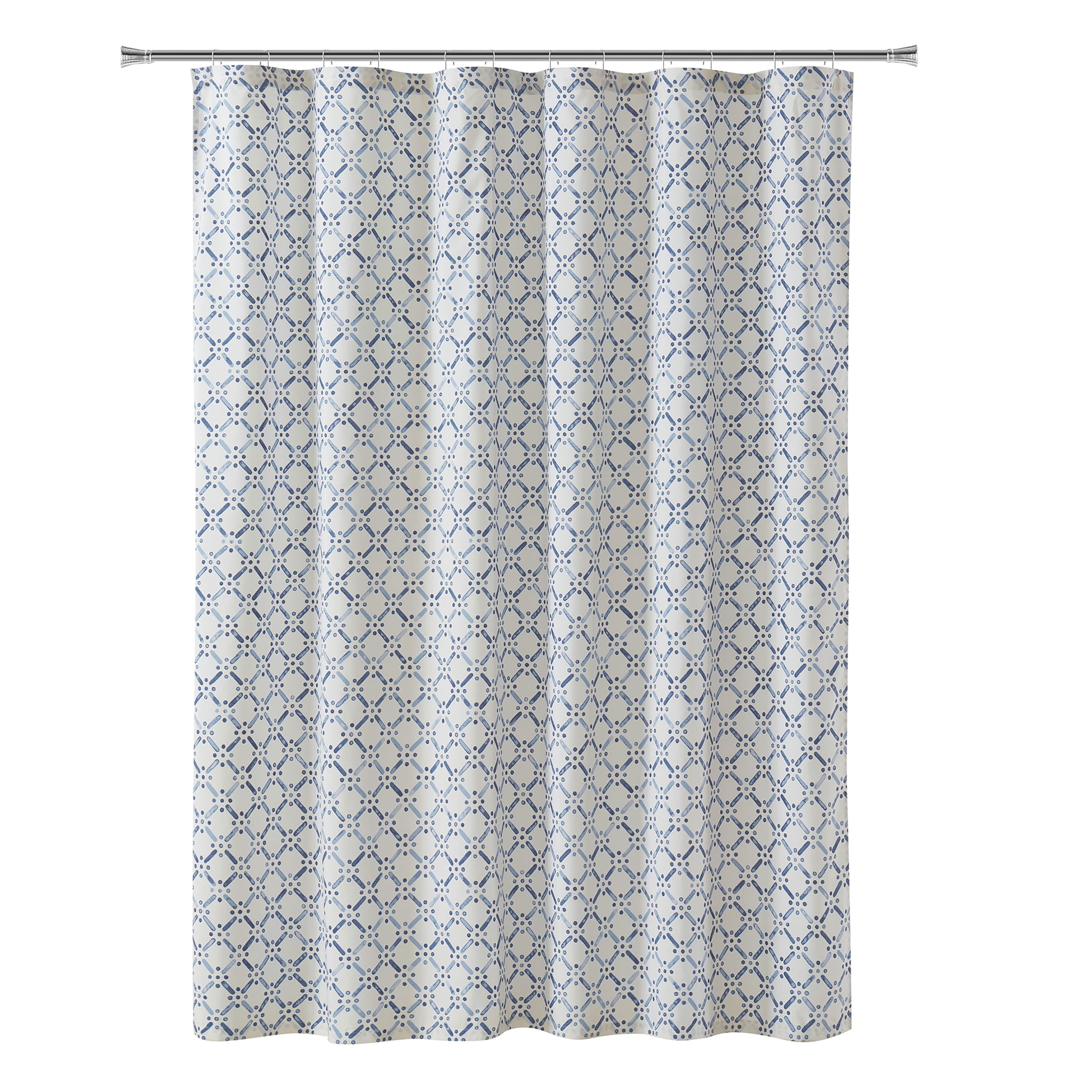 Mainstays 15-Piece Blue & White Diamond Bathroom Set – Shower Curtain, Bath Rugs & Hooks, Stylish Polyester Decor