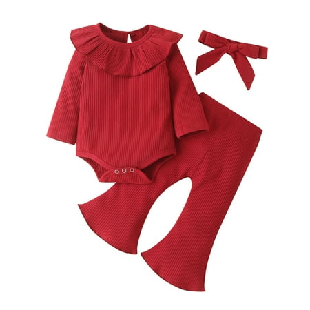 

Qufokar Western Toddler Girl Clothes Set 6 Baby Girls Long Sleeve Ribbed Ruffle Romper Tops Flared Pants Headband 3Pcs Outfits Clothes Set