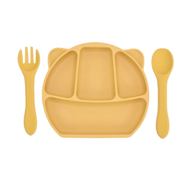 Plato de cena Placas de succión de silicona para bebés y niños pequeños Placa de succión para bebés con cuchara y tenedor de silicona Diseño dividido libre de BPA Apto para lavavajillas y microondas Meterk Plato de cena