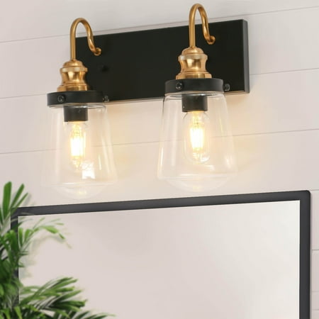

Cozia Luxury Modern Farmhouse Bathroom Vanity Light Black Gold Wall Sconce with Clear Glass 2-light