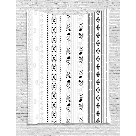 Henna Tapestry, Vertical Stripes with Geometric Floral Old Fashioned Motifs Rangoli Inspired Design, Wall Hanging for Bedroom Living Room Dorm Decor, 60W X 80L Inches, Black White, by