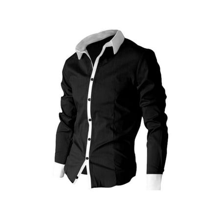 Men Contrast Color Long Sleeves Slim Fit Button Up Shirt Black L ...