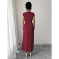 thumbnail image 2 of Burgundy Womens V-Neck Ruched Waist Pleated Maxi Dress With Drop Shoulder Sleeve, 2 of 6