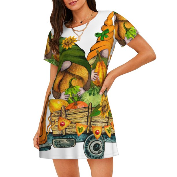 Disketp Thanksgiving Truck para Camisón Corto de Manga Corta para Mujeres, Camisón Cómodo con Escote Redondo, Bonito y Confortable