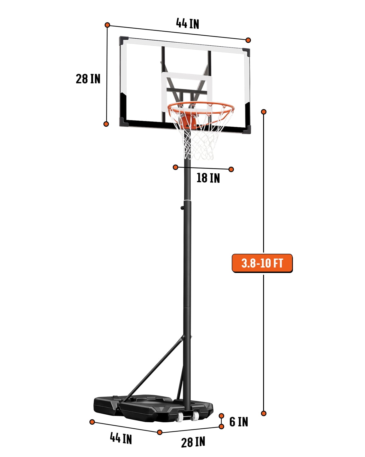 SERAY Basketball Hoop with 44 inch Backboard and 2 Wheels, Basketball Hoop Outdoor 3.8-10 feet Adjustable Height for Kids/Adults Outdoor/Indoor Sports