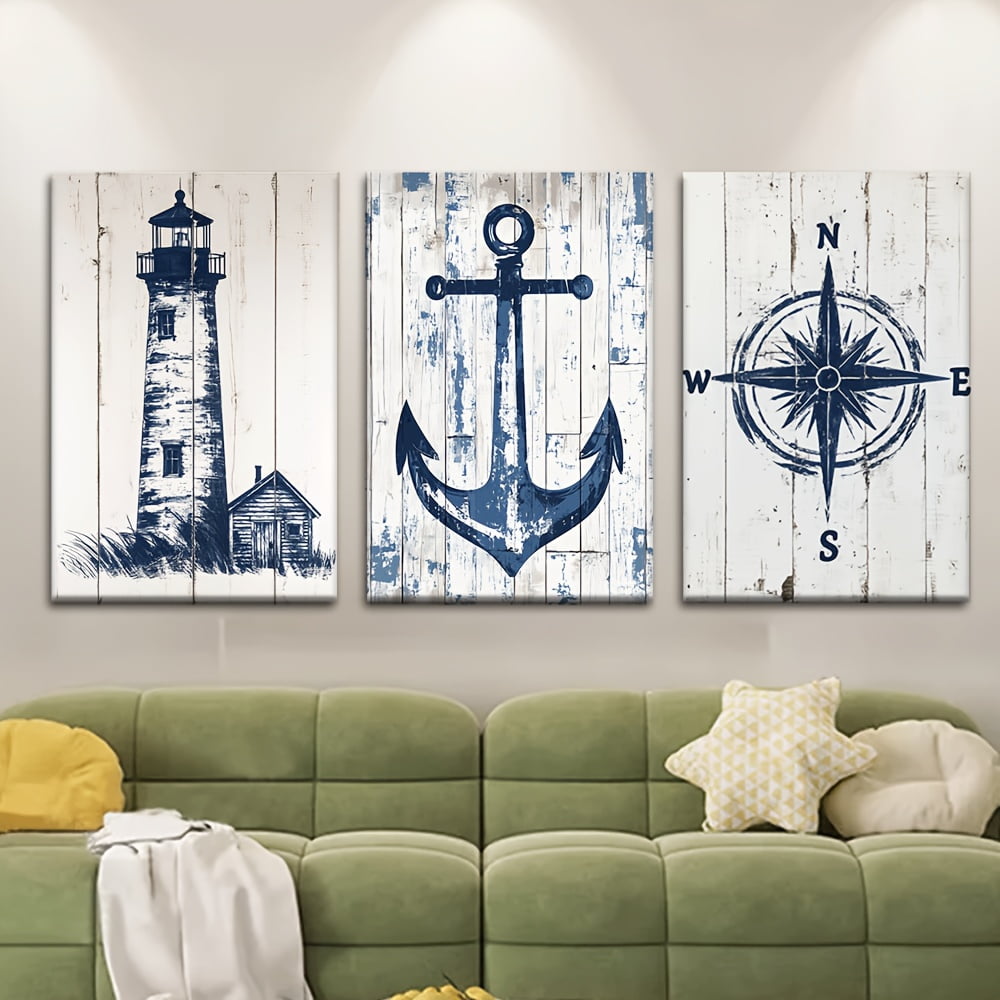 3pcs/Set, Canvas Painting--Unframed, Nautical Charts Lighthouse Anchor Compass, Posters And Prints, Living Room, Library, Office, Cafe, Bar, Abstract Art, Perfect Birthday, Holiday Gift,
