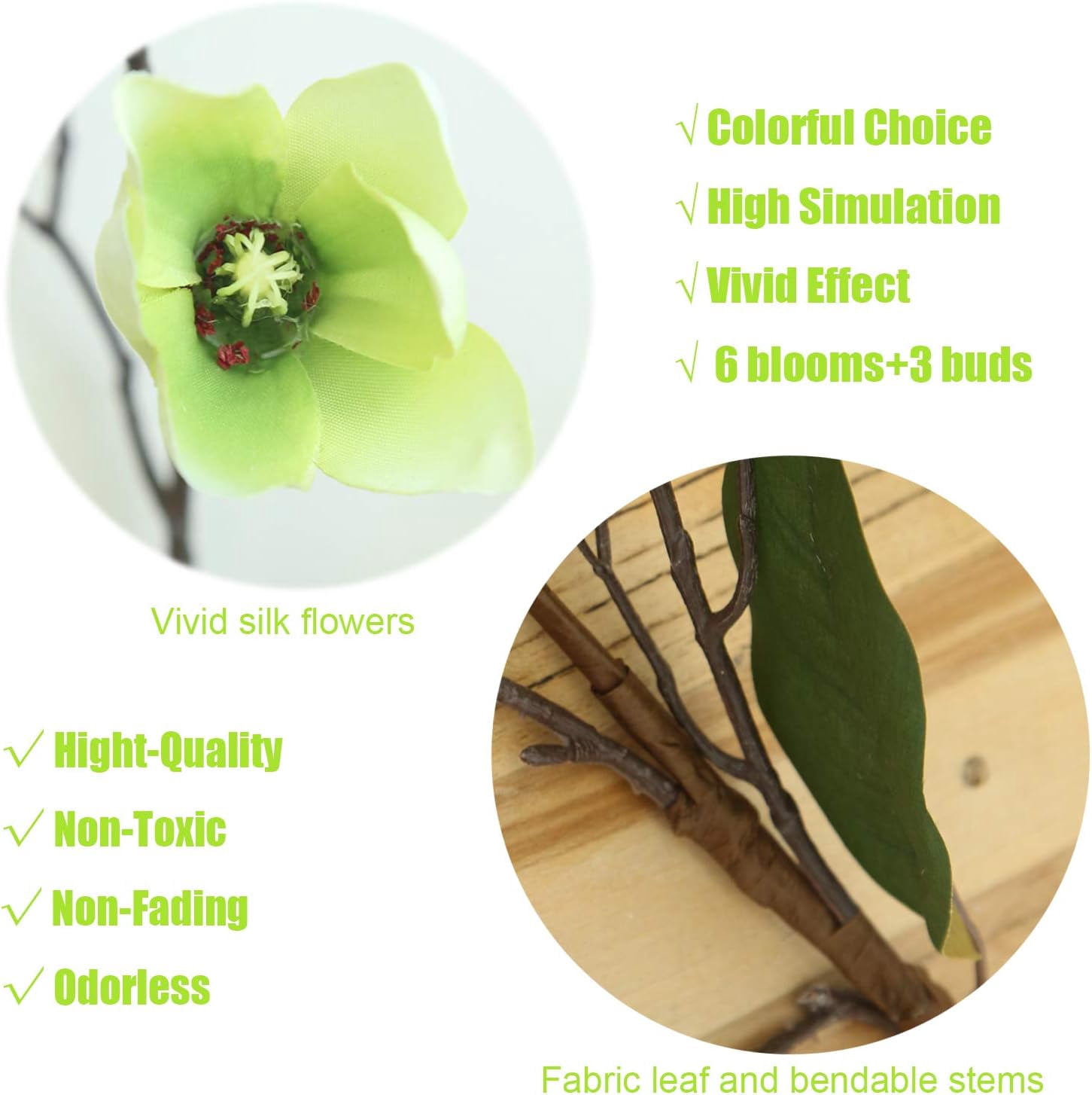 Artificial Flower 6pcs 30'' Long Stem Silk Magnolia Flower with 7 Blossoms and 2 Buds for Home Décor Housewarming Gift Wedding Bridal Bouquet Centerpiece Reception Hotel Restaurant(White)