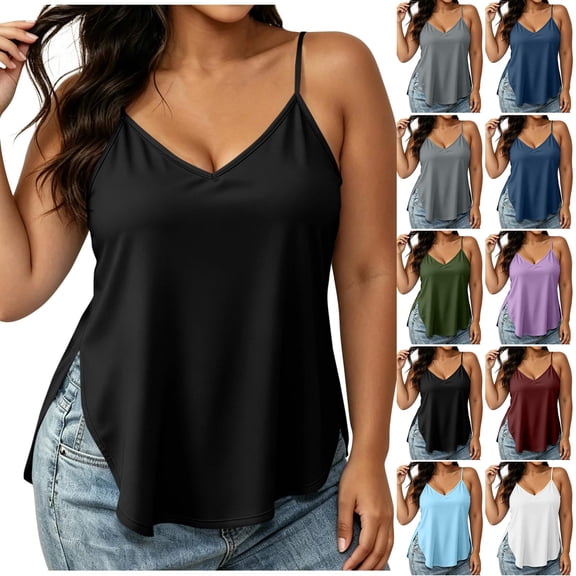 UVEASISHA Womens Plus Size Cami Tank Tops V Neck Camisoles Spaghetti Strap Shirts Split Hem Vacation Clothes Purple L