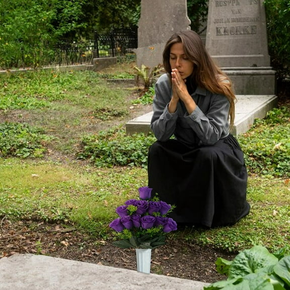 HJBTOP Artificial Cemetery Flowers,Grave Memorial Flowers,Artificial Rose Bouquet with Vase for Cemetery Headstones Gravesites Decoration,Purple