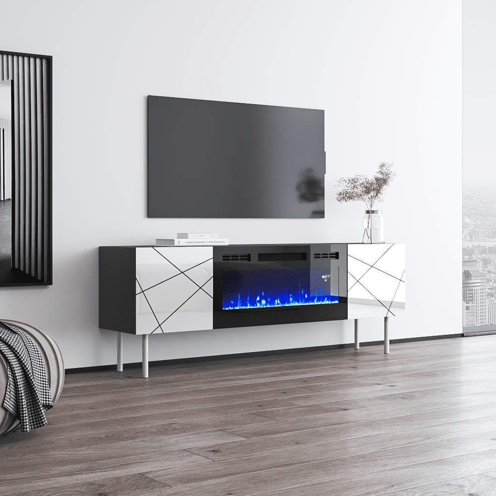 London BL-EF Fireplace TV Stand for TVs up to 70", Modern High Gloss 63" Entertainment Center, Electric Fireplace TV Media Console with Storage Cabinets