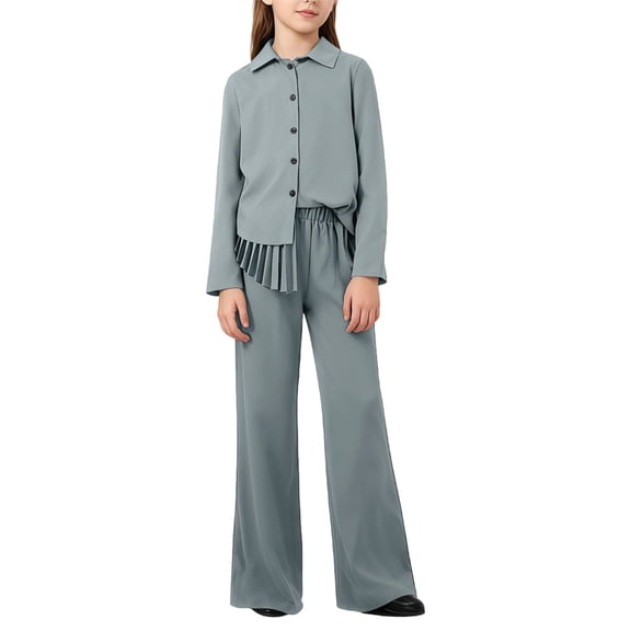 CPNG Girls Fashionable Outfits 2 Pcs Set Back Pleated Long Sleeved Button Shirt and Casual Pants Solid Color Set(Grey,12 Years)