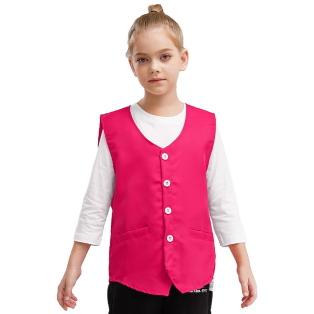 RUNQHUI Kids Button Volunteer Activity Vest Button Up Irregular Hem Waistcoat Sleeveless Waiter Bartender Uniform Hot Pink M