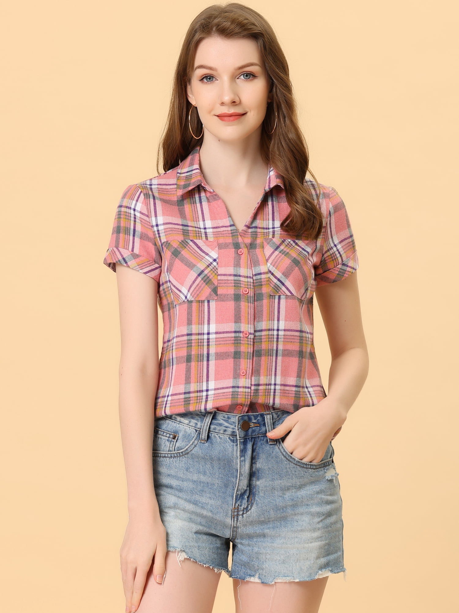 DARING DIVA Women's Casual Boyfriend Plaid Button Down Flannel Shirt XL Light Pink
