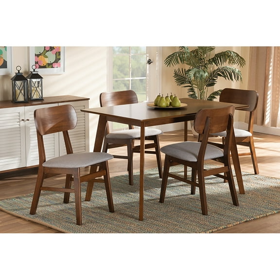 Baxton Studio Euclid Mid-Century Modern Grey Fabric Upholstered and Walnut Brown Finished Wood 5-Piece Dining Set