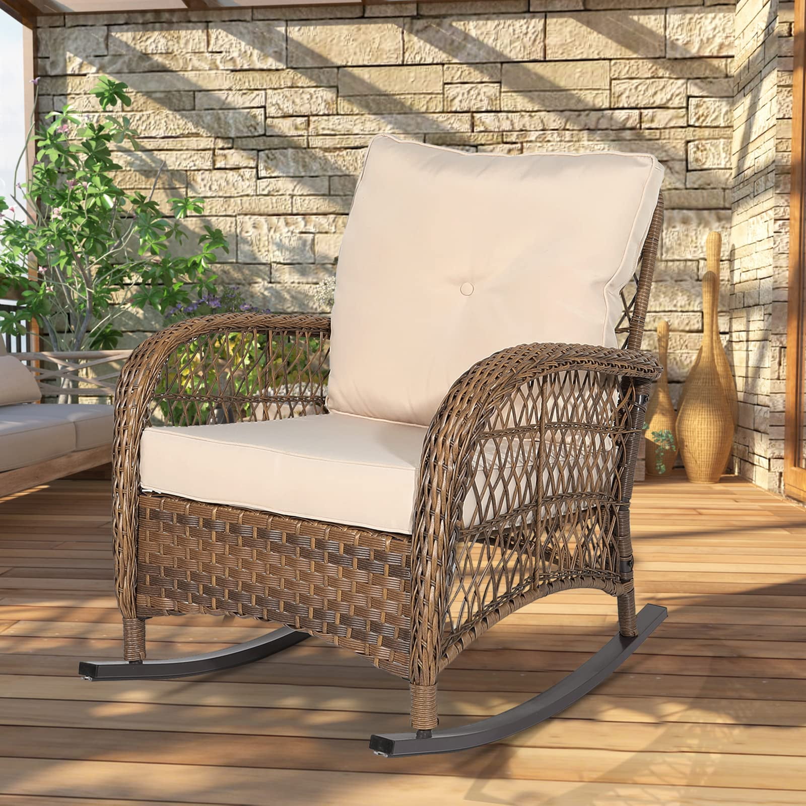W WARMHOL Outdoor Wicker Rocking Chair with Thickened Cushions, All-Weather Rattan Patio Rocking Chairs, Rocker Wicker Chair for Porch Garden & Backyard, Beige