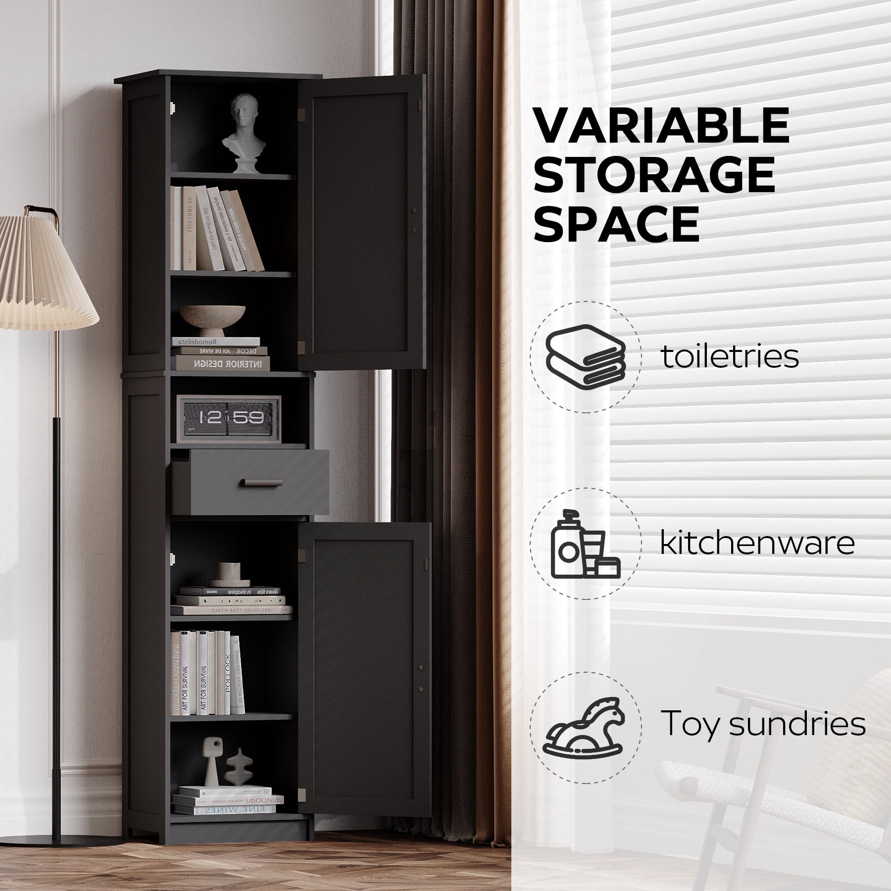 69" Bathroom Cabinet, Modern Floor Tall Cabinet With 1 Drawer, 2 Doors And Adjustable Shelves, Narrow Storage Cabinet For Home, Kitchen, Living Room