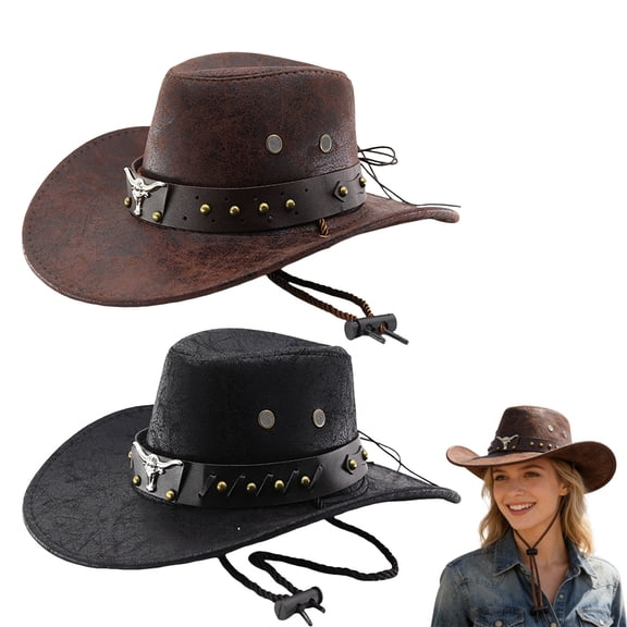 Lispipm Womens and Mens Western Cowboy Hat Wide Brim Retro Travel Hat Summer Outdoor Travel Caps with Adjustable Strap Black