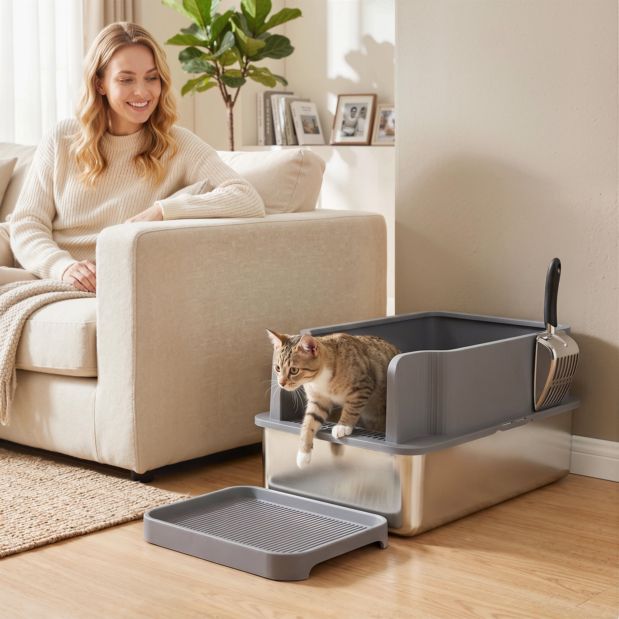 PawHut Stainless Steel Sifting Litter Box for Pine Pellets, Large Metal Litter Box with Sifter Tray, Metal Scoop, 10 Pee Pads, 22.8"x14.6"x11.8"