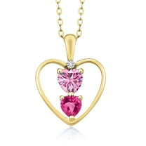 18K Yellow Gold Plated Silver Pink Moissanite Pink Created Sapphire and White Diamond Pendant Necklace for Women (1.01 Cttw, Gemstone Birthstone, Heart 5MM and 4MM, with 18 inch Silver Chain)
