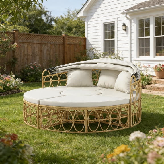 Woven Rattan Modular 4-in-1 Conversation Set Round Outdoor Daybed with Retracable Canopy