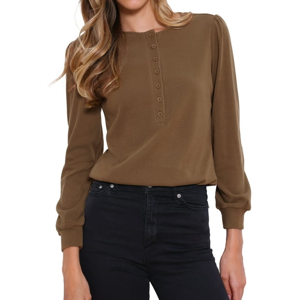 Camisas de punto acanalado de manga larga para mujeres, blusas casuales de botón, tops de cuello redondo, camisa Henley de moda XS Café