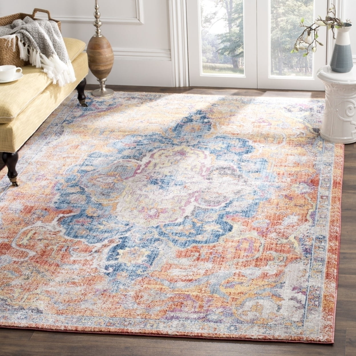 SAFAVIEH Bristol Waverly Oriental Polyester Area Rug, Blue/Orange, 7' x 7' Square