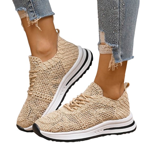 Women's Walking Running Shoes Vintage Crochet Knit Lace up Casual Fashion Sneakers Comfortable Work Shoes for Women