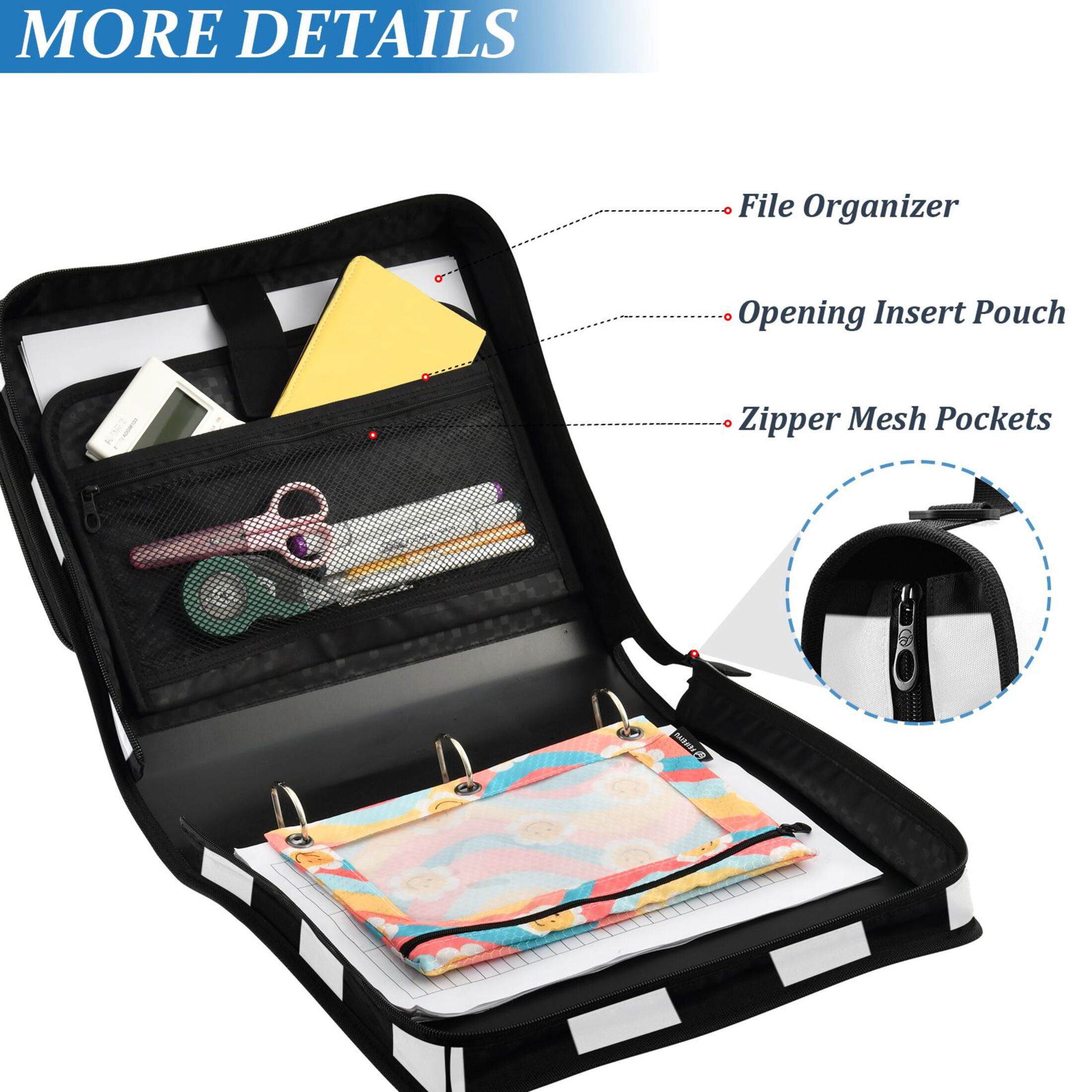 3 Ring Zipper Binder with Shoulder Strap Waterproof Trapper Keeper 2 Inch D-Ring 500 Sheets Capacity Black and White Striped