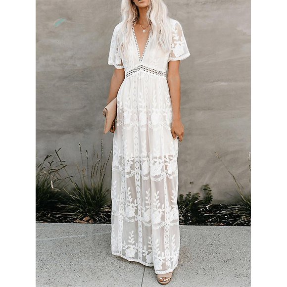 2022 Summer Boho Women Maxi Dress Loose Embroidery White Lace Long Tunic Beach Dress Vacation Holiday Women Clothing
