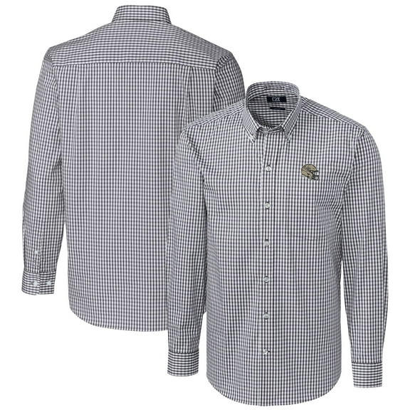 Men's Cutter & Buck Charcoal New Orleans Saints Helmet Easy Care Stretch Gingham Long Sleeve Button-Down Shirt