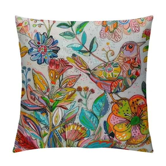 Orinice Colorful Flower Birds Decorative Throw Pillow Cover, Paisley Home Rustic Decorations, Bird Cotton Linen Cushion Case Decors for Sofa Couch White