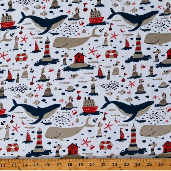 Sweatshirt Fleece Nautical Beach Animals Whales Crabs Seagulls Lighthouses Sailboats Ships Summer White 60" Wide Polyester/Cotton Sweatfleece Fabric by the Yard (122002-CA61220)