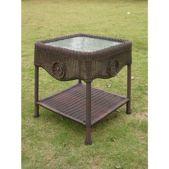 International Caravan Chelsea Glass Top Patio End Table in Pecan