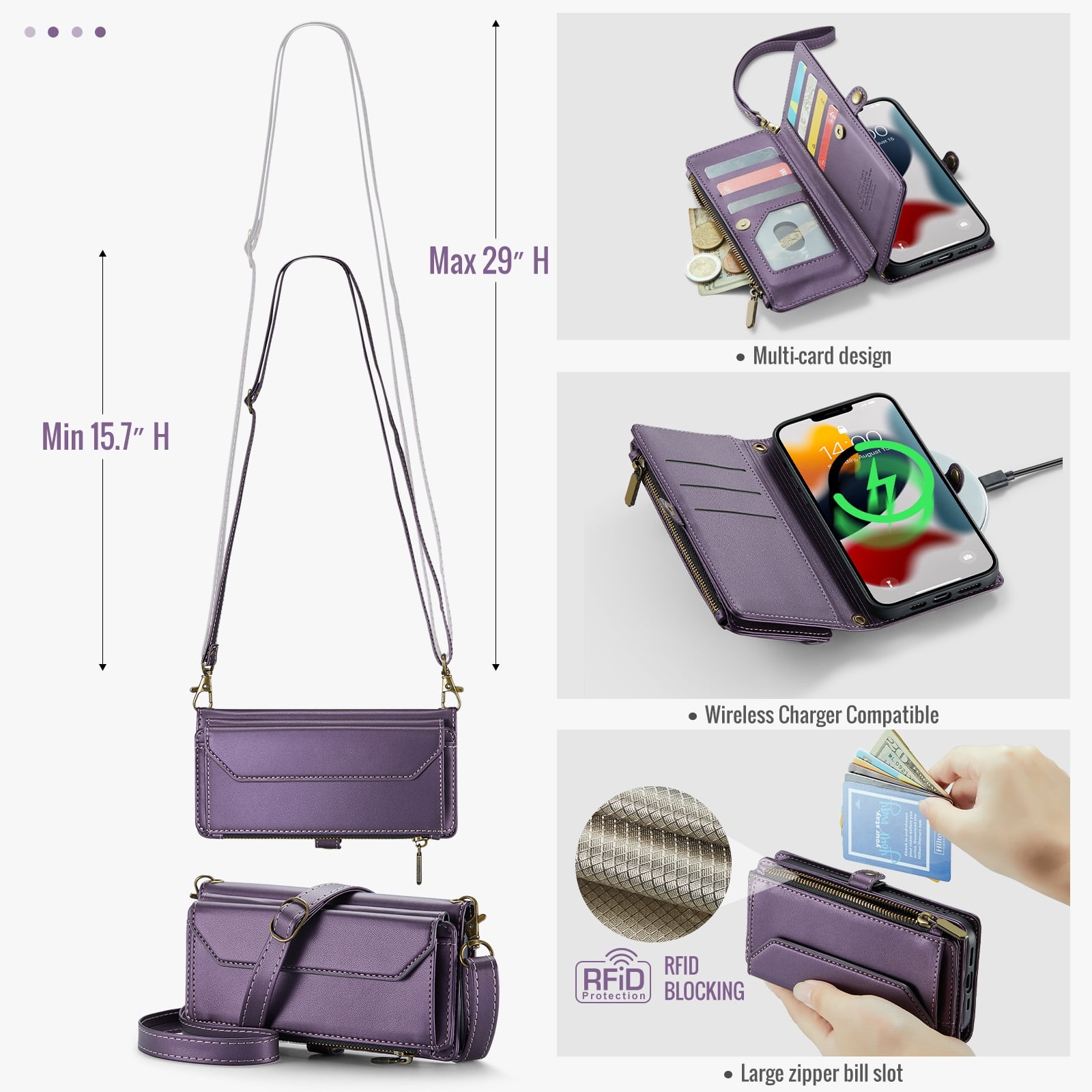 Compatible with iPhone 14 Pro Max 6.7 inch Zipper Wallet Phone Case Tempered Glass Screen Protector Crossbody Lanyard Strap Flip Card Holder Slot Cell Cover for iPhone14promax 5G i 14Max Women Purple