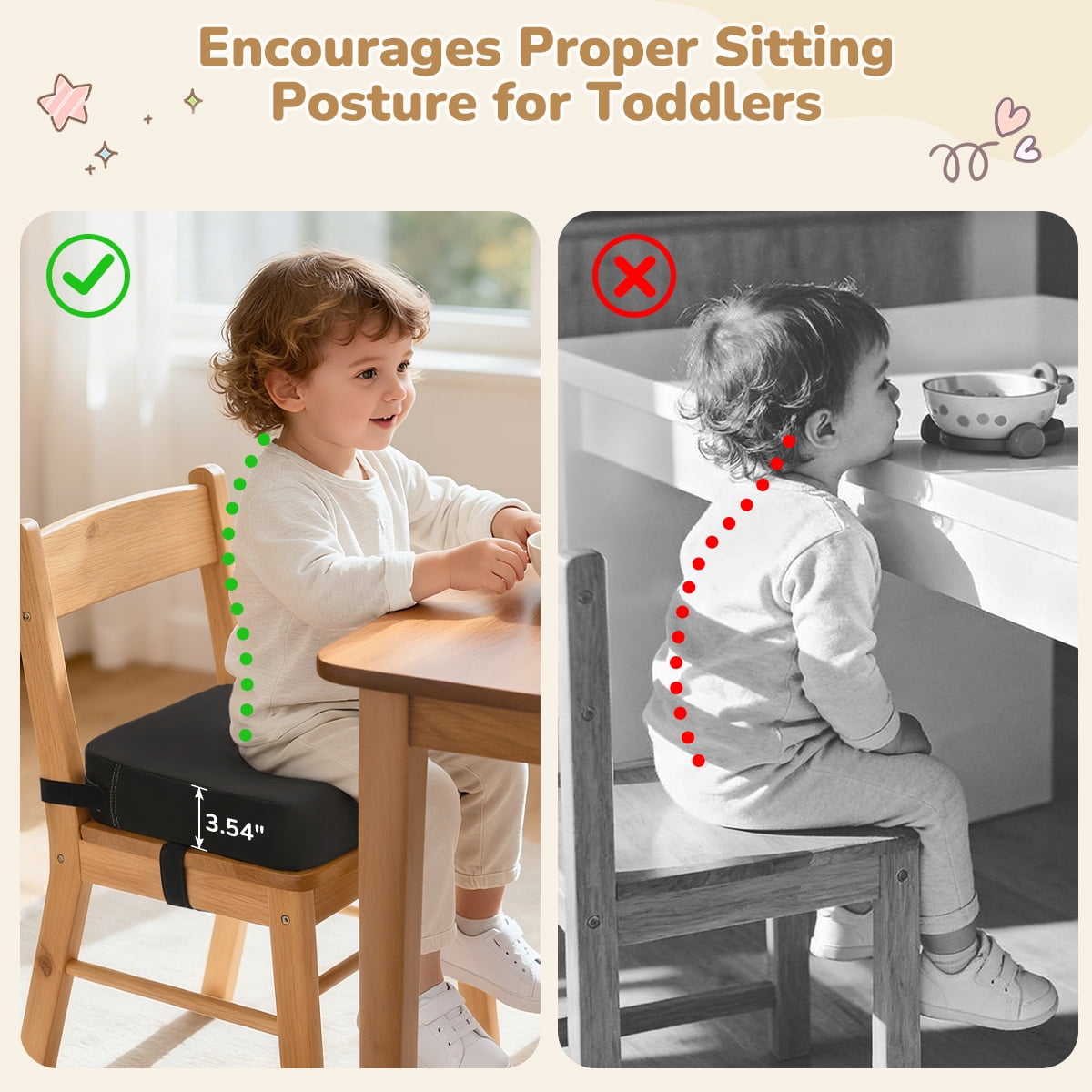 Toddler Booster Seat for Dining Table, Caveen Waterproof Booster Seat for Kitchen Chair, with Adjustable Straps, Portable Increasing Cushion at Home or Going Out, Non-Slip, Black