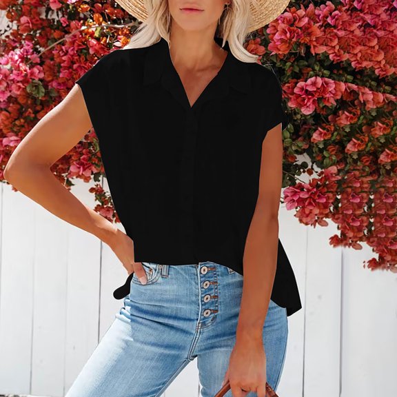 Idoravan Cardigans for Women Clearance Spring Women Casual Solid Short Sleeve Turn-down Collar Cardigan Buttons Blouse Tops