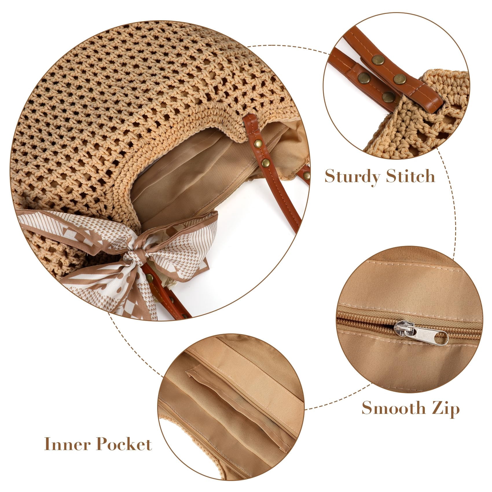 Summer Beach Crochet Bags for Women Knit&Straw Woven Tote Soft Fabric Boho Shoulder Bag for Vacation Shopping