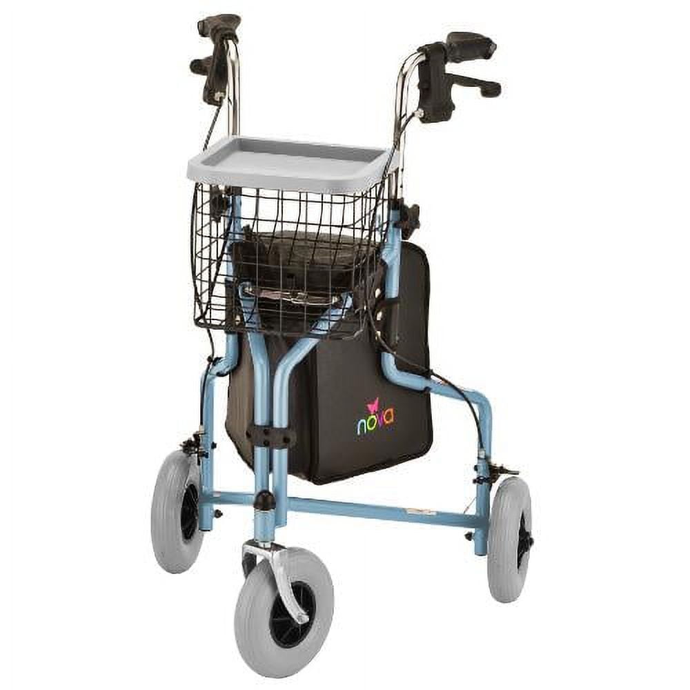 NOVA Medical Products Traveler 3 Wheel Rollator Walker, All Terrain 8” Wheels, Includes Bag, Basket and Tray, Sky Blue, 1 Count (Pack of 1)