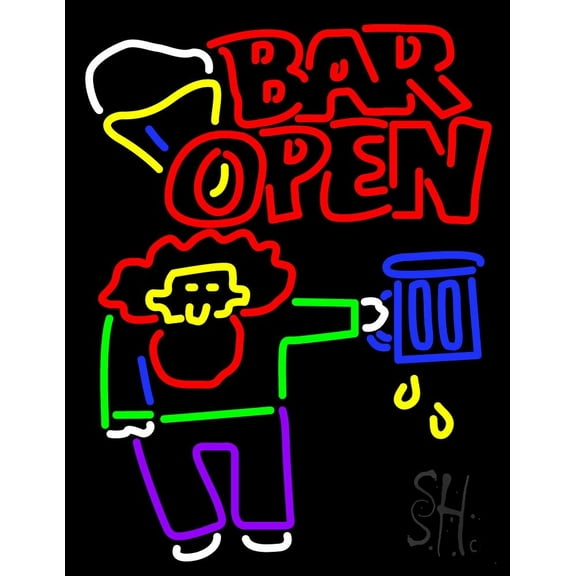Double Stroke Bar Open With Man and Mug LED Neon Sign 19 x 15 - inches, Clear Edge Cut Acrylic Backing, with Dimmer - Bright and Premium built indoor LED Neon Sign for Bar decor.