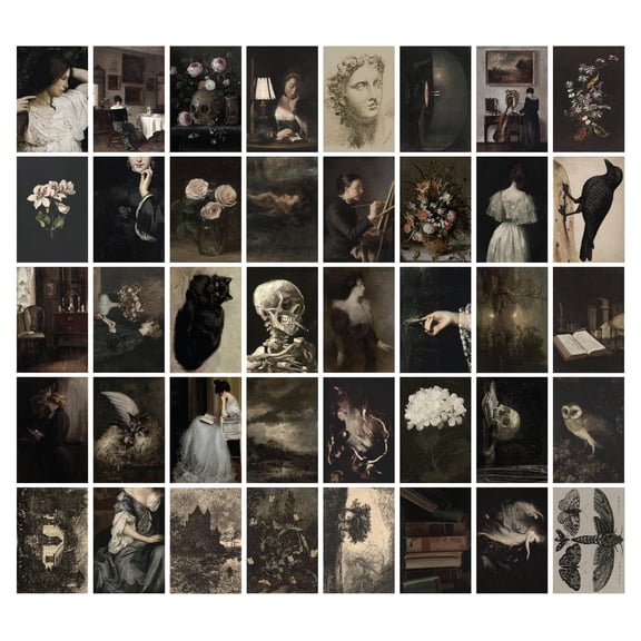 97 Decor Dark Academia 4x6 Black Gothic Collage Poster Set, 40 Pieces