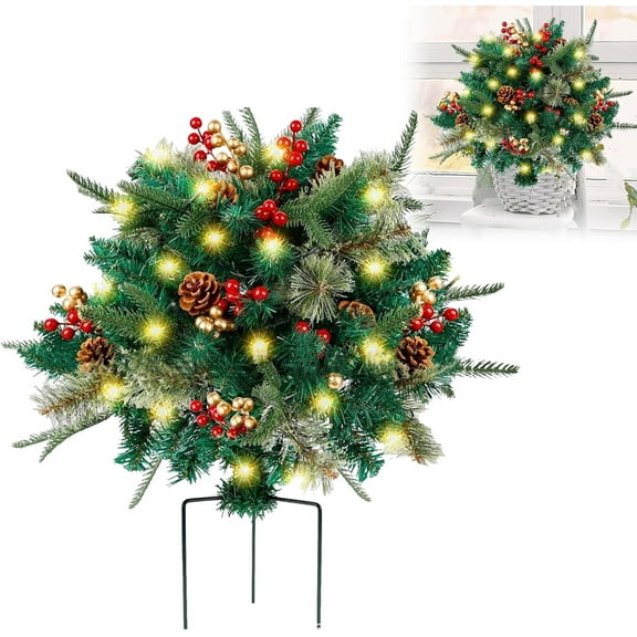 Outdoor Pathway Christmas Trees, Prelit Small Christmas Tree Porch Decoration, Christmas Tree with Red Berries Pine Cones, Battery Operated Tree for Outdoor Porch Driveway Garden Decor
