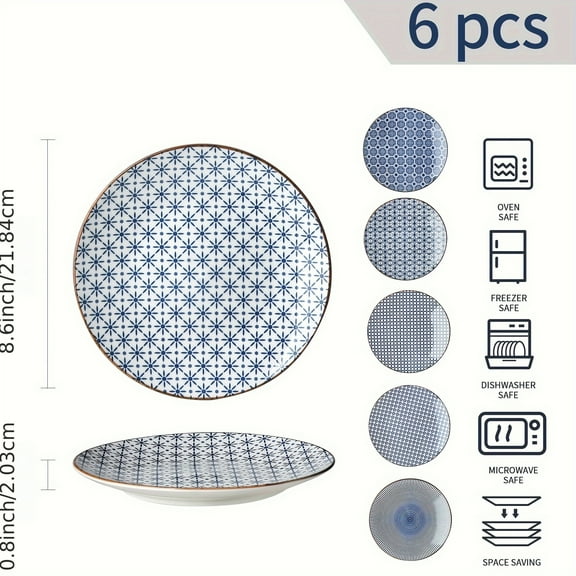Everglow Trading Japanese Large Dinner Plates Set 10.6 Inch- Salad Serving Dishes Set of 6- Blue and White Plates, Dishwasher & Microwave Safe, Assorted Pattern Plates