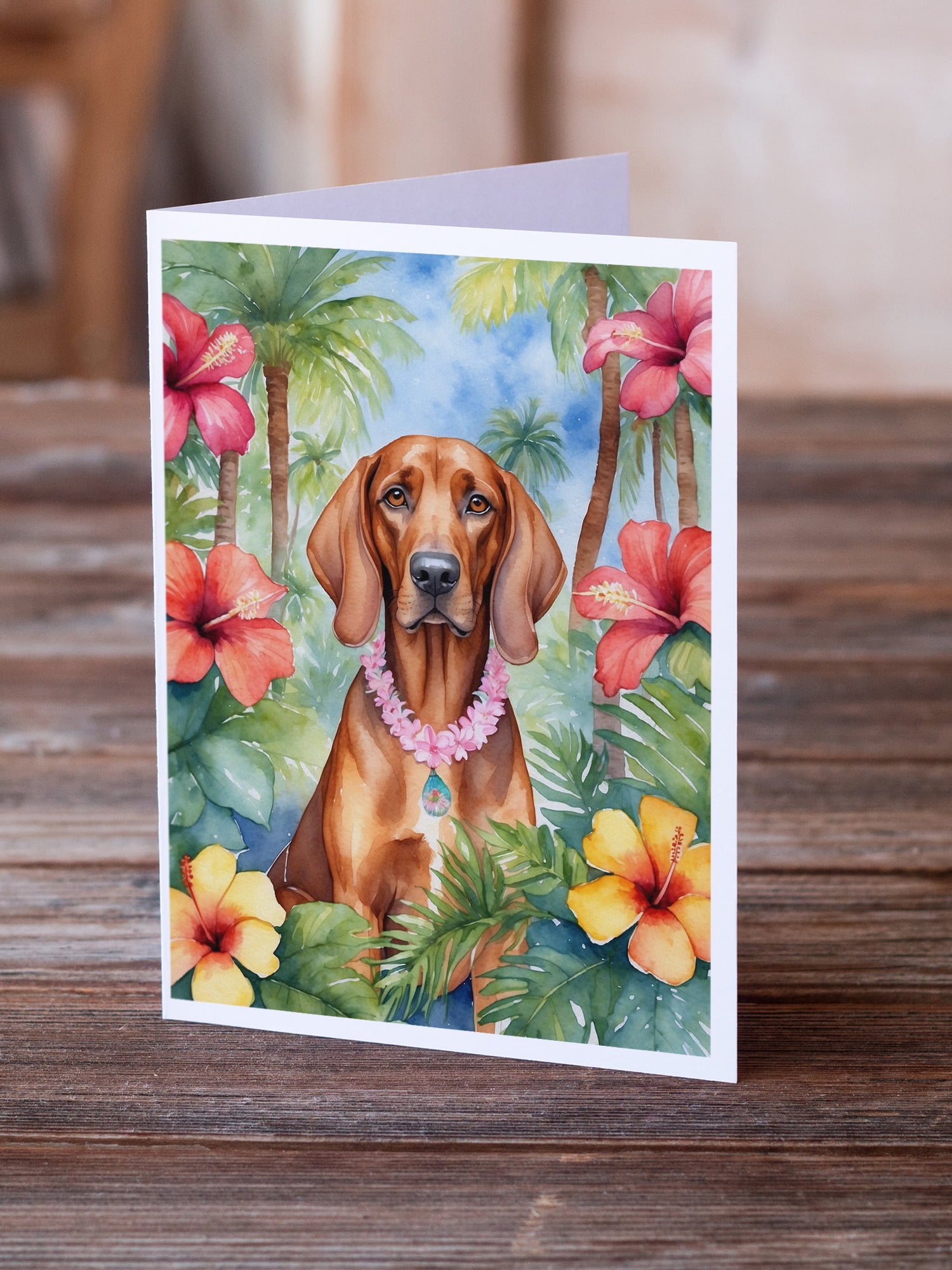 Redbone Coonhound Luau Greeting Cards Pack of 8 7 in x 5 in
