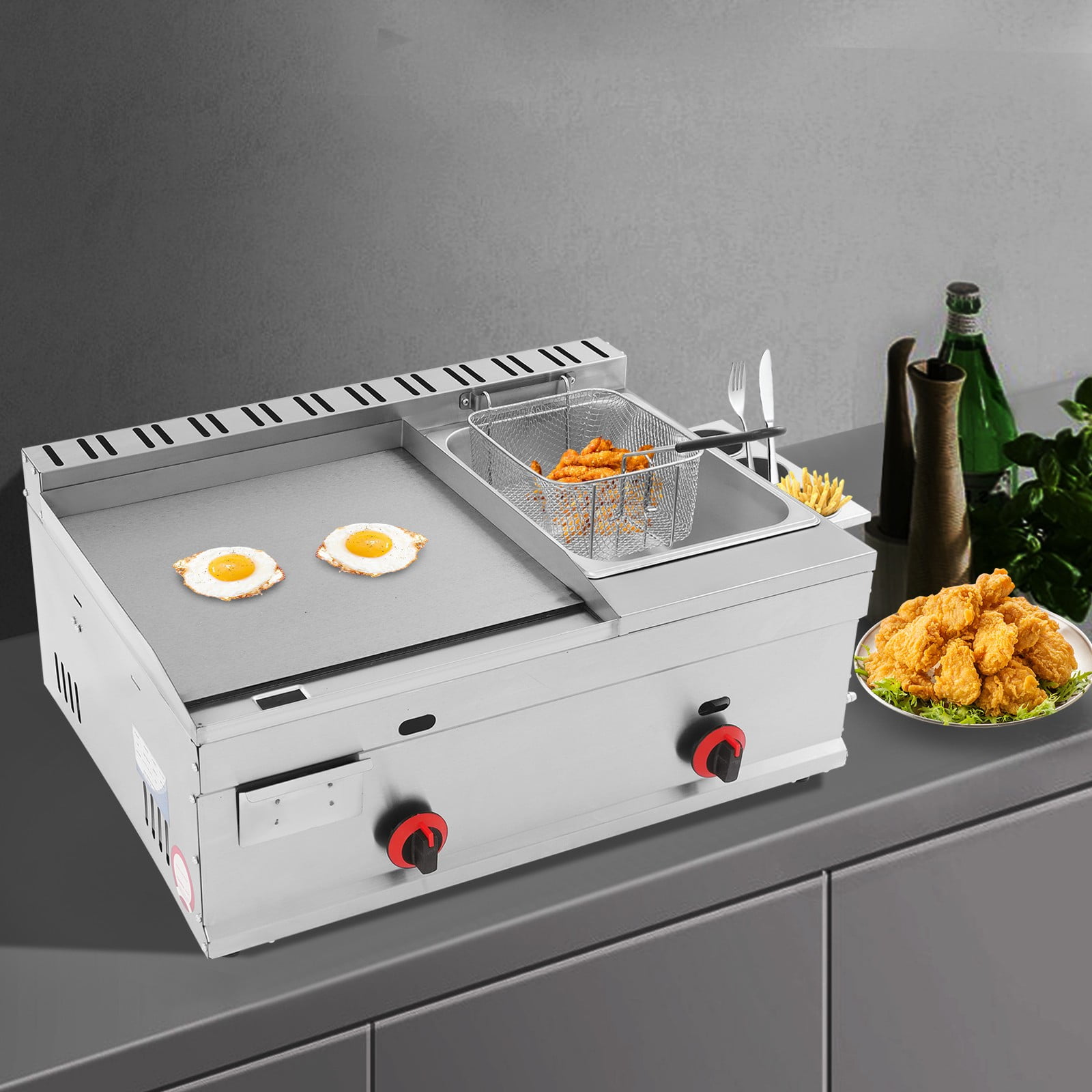 Commercial Gas Propane Flat Top Grill Griddle w/ Deep Fryer Multi-function Fryer Deep-frying Machine Large-capacity with Grill Griddle Gas Heating