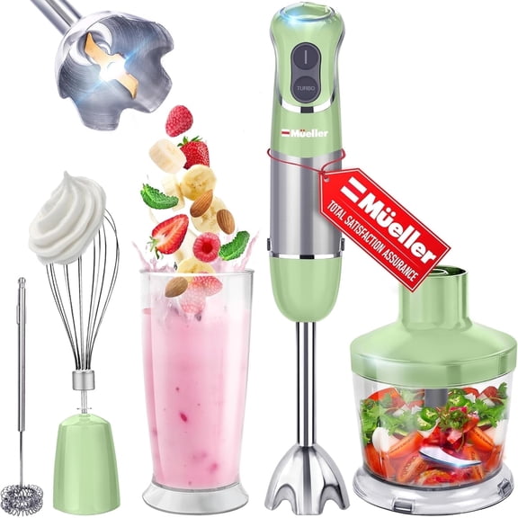 Mueller Multistick 800W 5-in-1 Immersion Blender Handheld, 12 Speed Hand Mixer - Turbo Boost, Heaviest Duty Copper Motor, Titanium Blades Hand Blender, Milk Frother Wand, Green Kitchen Accessories