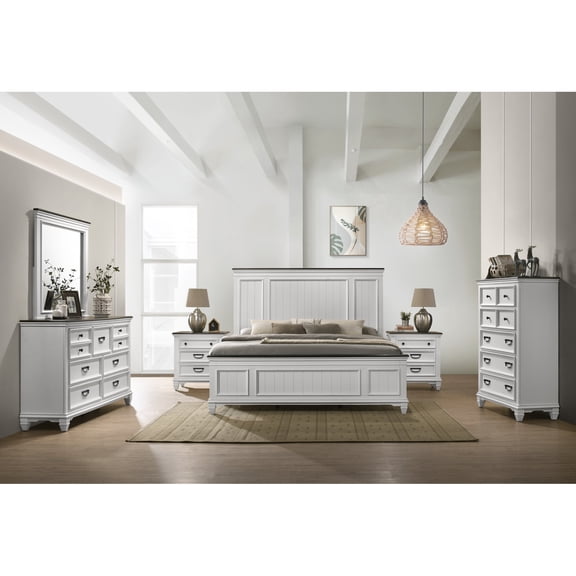 Miekor Furniture Clelane Wood Bedroom 6 piece Set with Shiplap Panel Queen Bed, Dresser, Mirror, Two Nightstands, and Chest MK6674