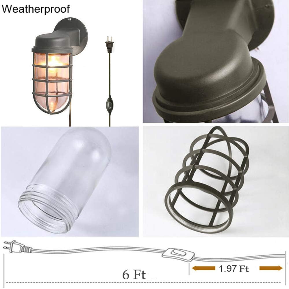 Kiven Wall Lamp Hooded Cage Outdoor Wall Light with Waterproof On/Off Switch and UL Plug - 1 Pack